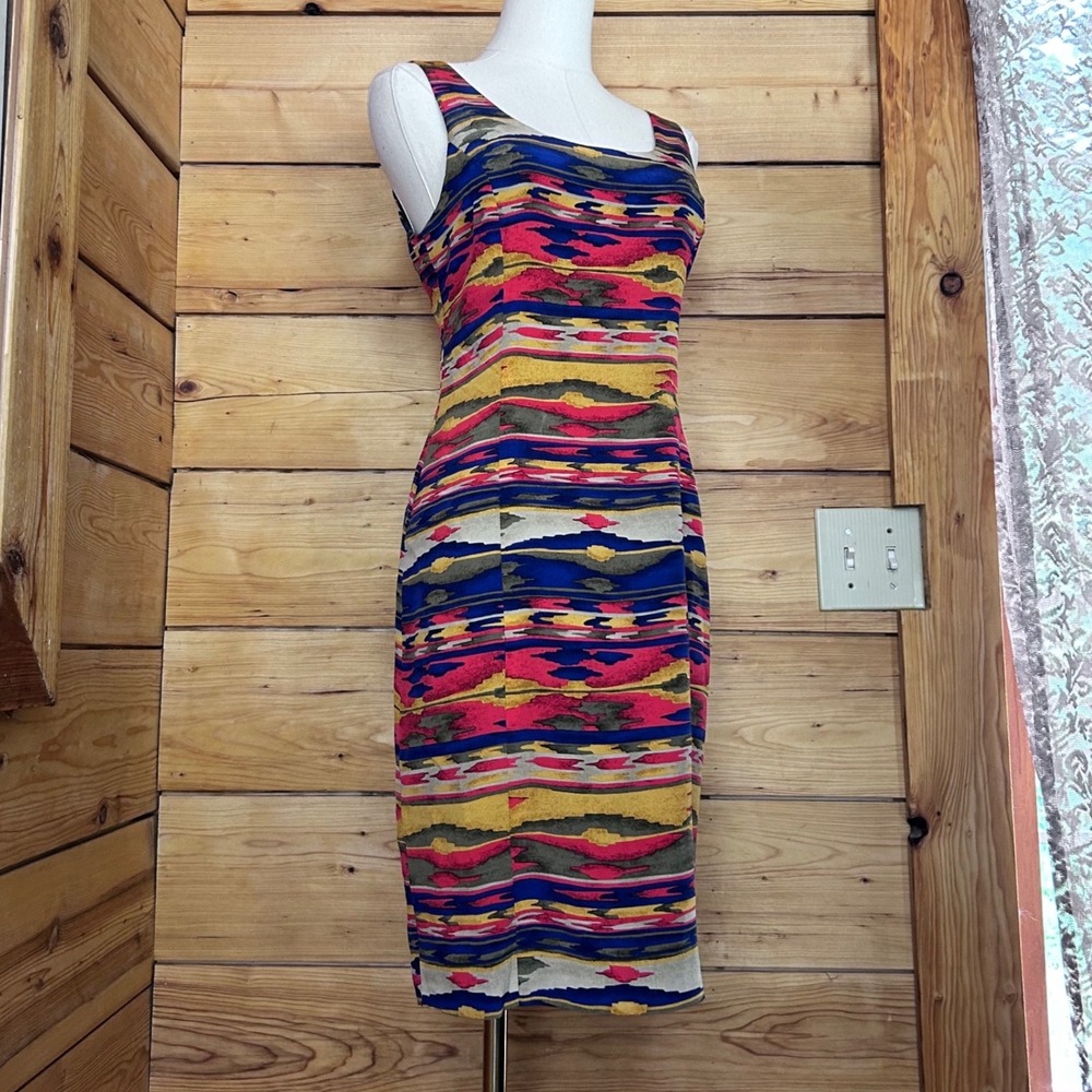 Vintage 100% Silk Midi Sheath Dress Women Size 4 Multi-Color Jones New York